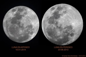 AquÌ puede apreciarse la diferencia en el tamaÒo aparente de la Luna llena, cuando se produce en el punto mas alejado de su Ûrbita (apogeo) o en el punto mas cercano (perigeo)